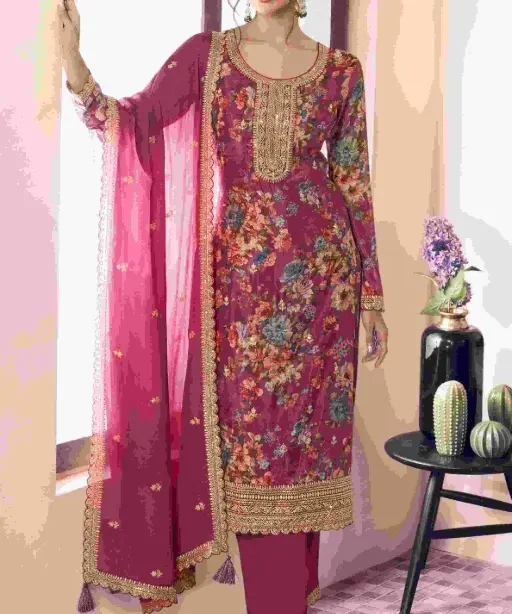 Festive Wear Straight Suit with Floral Print