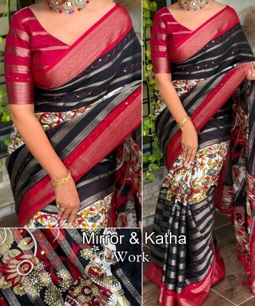 Hand katha Work Cotton Zari Saree