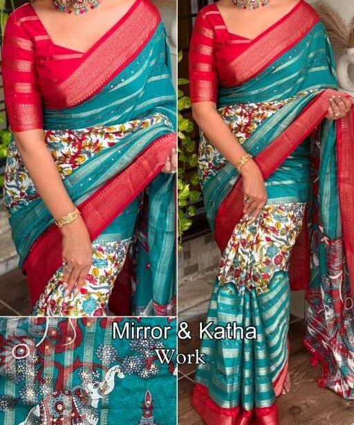 Hand katha Work Cotton Zari Saree