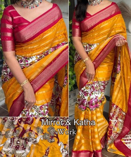 Hand katha Work Cotton Zari Saree