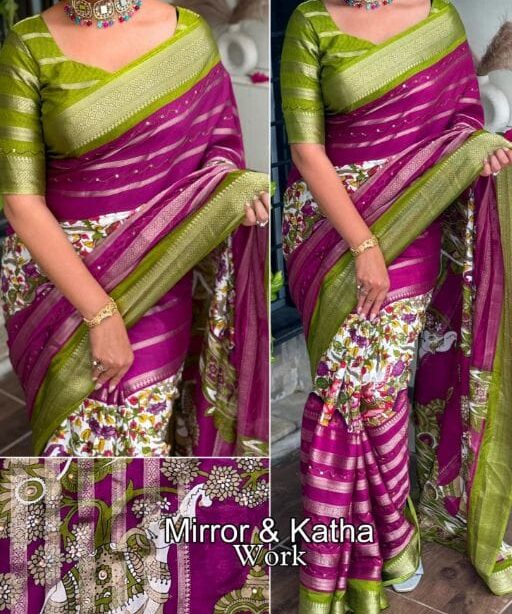 Hand katha Work Cotton Zari Saree