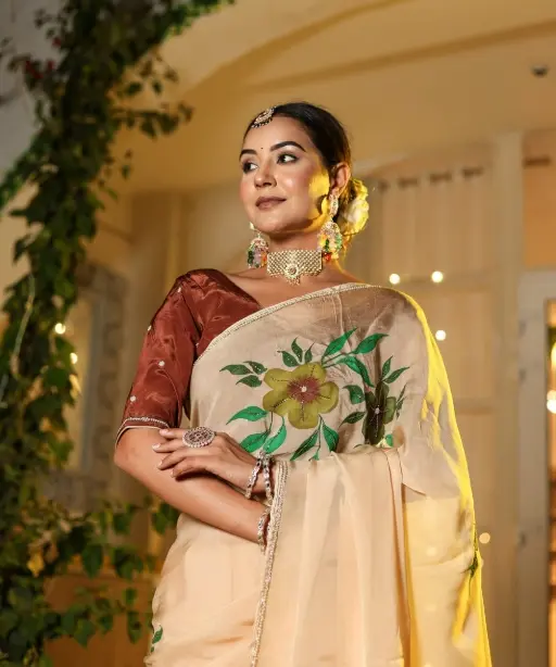 Handwork and Cut Dana Ready to Wear Saree with Stitched Blouse