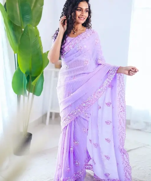 Heavy Embroidery and Sequence Work Purple Saree