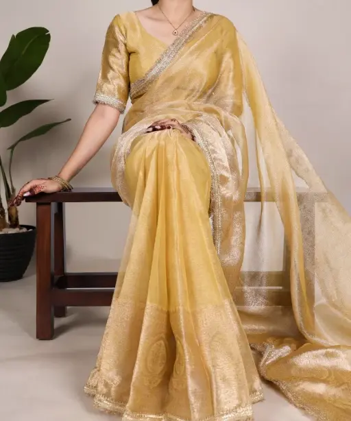 Shop the Most Trending Plain Shimmer Bollywood Saree in Pista, Pink, Yellow & Blue at Ethnic Suits. Glamorous, lightweight & perfect for any occasion. Order now!