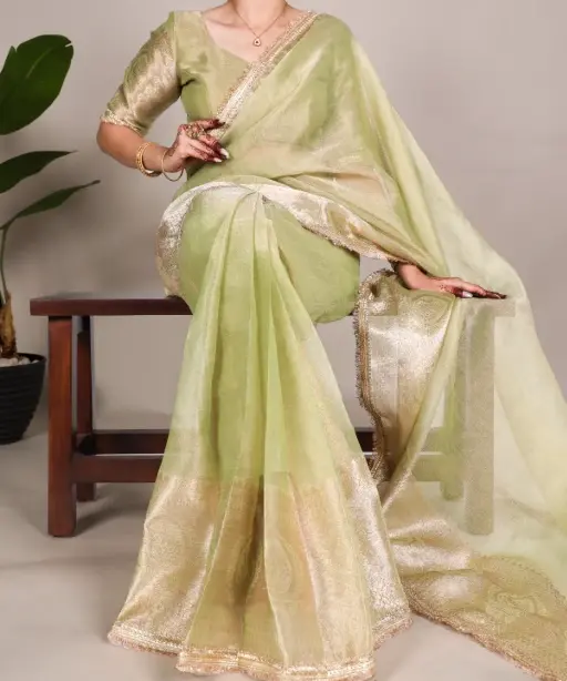 Shop the Most Trending Plain Shimmer Bollywood Saree in Pista, Pink, Yellow & Blue at Ethnic Suits. Glamorous, lightweight & perfect for any occasion. Order now!