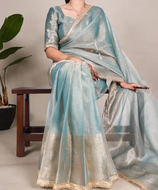 Shop the Most Trending Plain Shimmer Bollywood Saree in Pista, Pink, Yellow & Blue at Ethnic Suits. Glamorous, lightweight & perfect for any occasion. Order now!