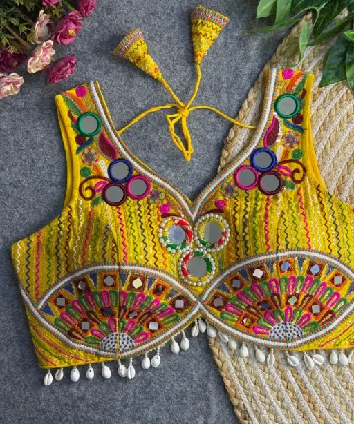 Navratri Apple Cut Blouse with Mirror Work & Gamthi Design