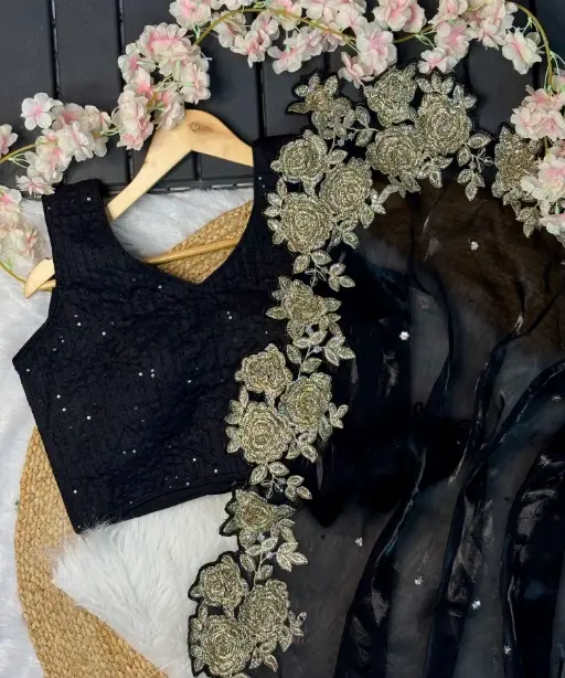 Party Wear Black Flower Embroidery Saree