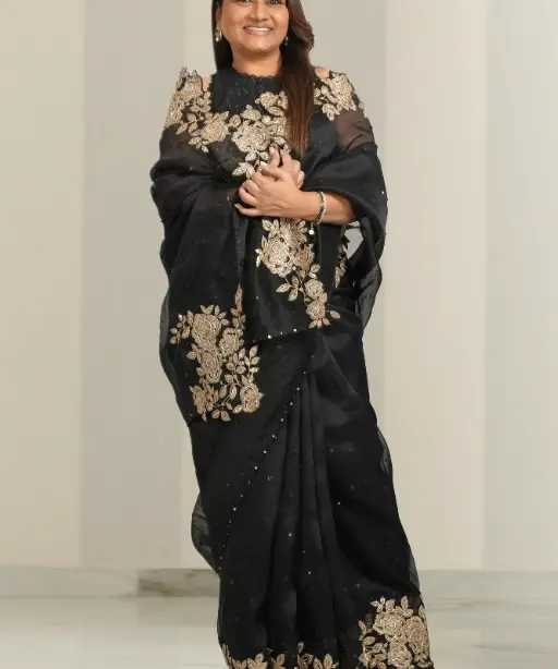 Party Wear Black Flower Embroidery Saree