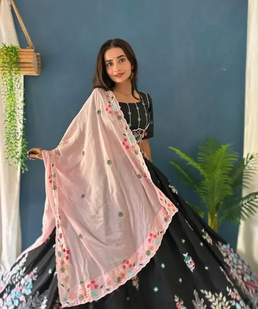 Pure Black Lehenga Choli with Multi Color Embroidery