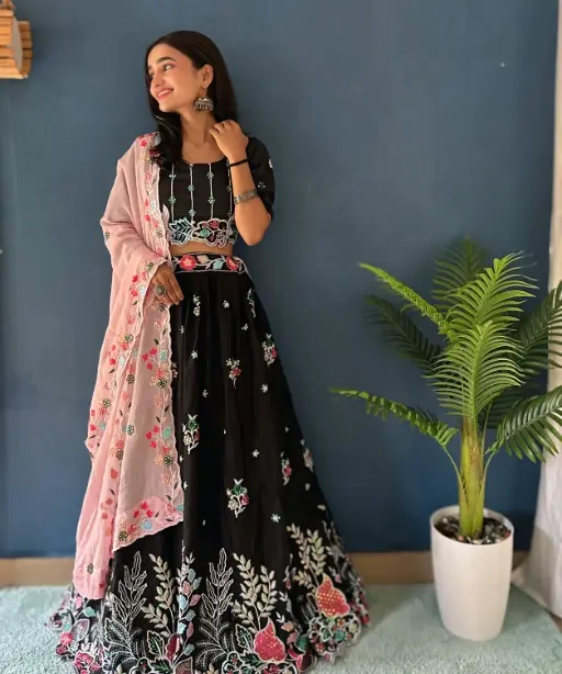 Pure Black Lehenga Choli with Multi Color Embroidery