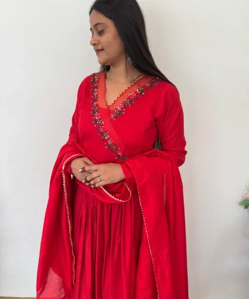 Stylish Cherry Red Gown with Dupatta Set