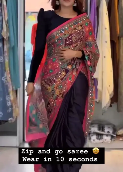 Trending Zip and Go Saree with Digital Print and Mirror
