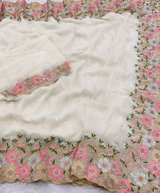 Wedding Wear Heavy Border and Stonework Saree