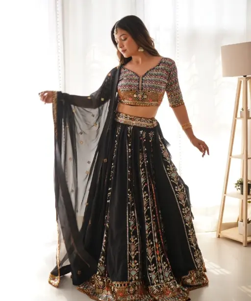 Black Multi Color Embroidery Wedding Lehenga