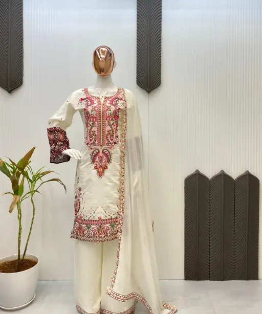 Buy Cream Color Neck Embroidery Pakistani Salwar Suit