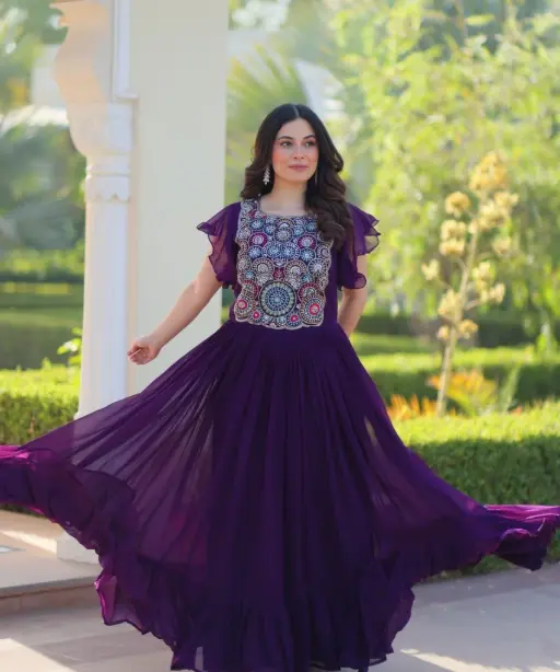 Buy Stylish Multi Color Neck Embroidery Frock Gown