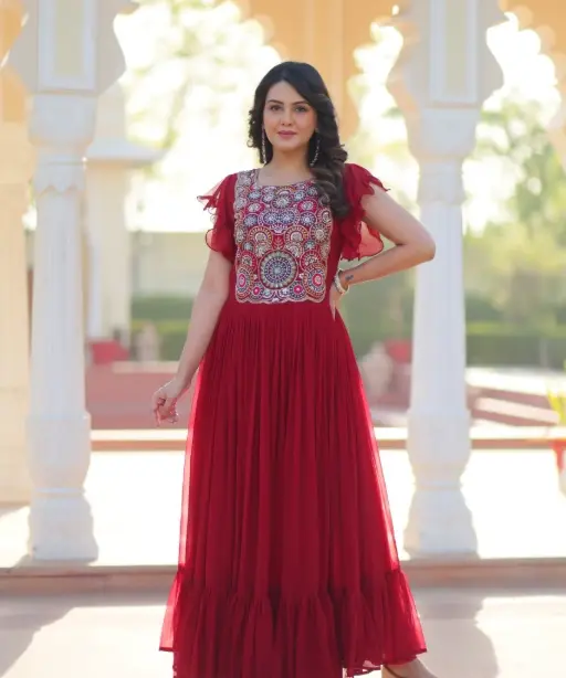 Buy Stylish Multi Color Neck Embroidery Frock Gown