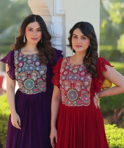 Buy Stylish Multi Color Neck Embroidery Frock Gown