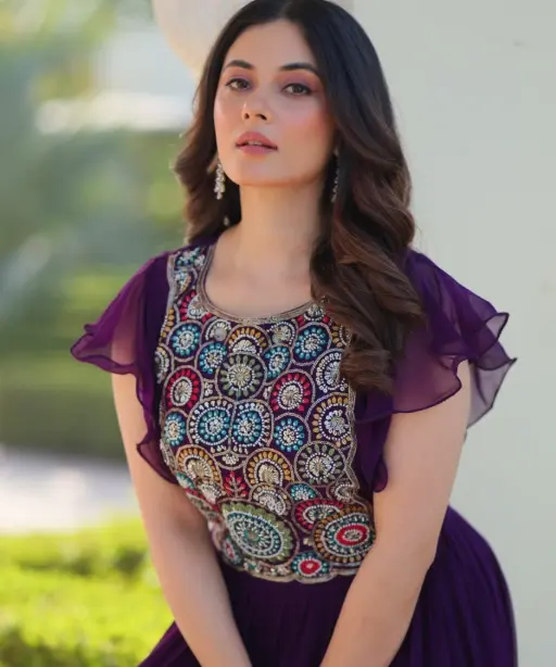 Buy Stylish Multi Color Neck Embroidery Frock Gown