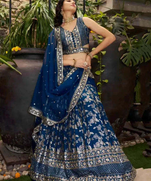 Festive Wear Blue Jacquard Lehenga Choli