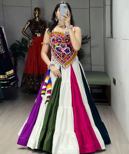 Multi Color Navratri Chaniya with Heart Shape Blouse Kedia Set