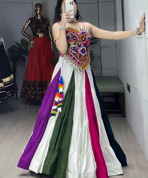 Multi Color Navratri Chaniya with Heart Shape Blouse Kedia Set