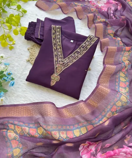 Office Wear Purple Color 3-piece Kurti Set