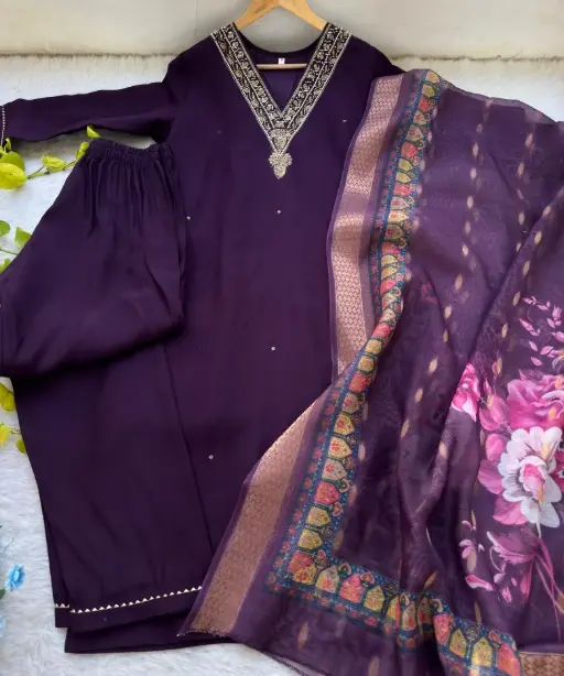 Office Wear Purple Color 3-piece Kurti Set