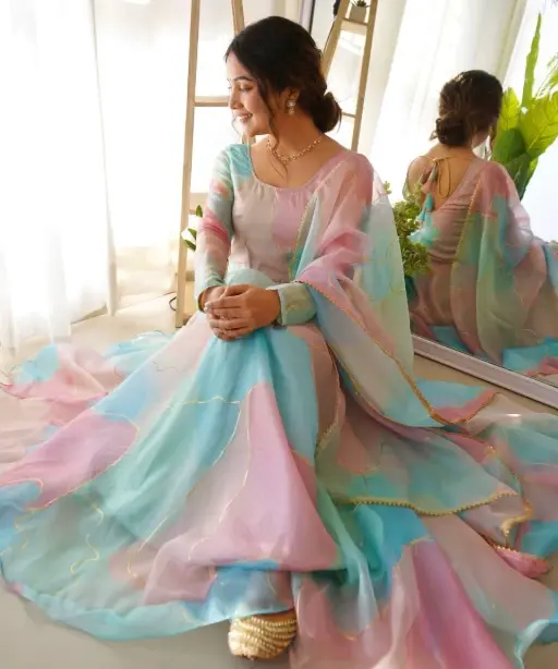 Pastel Shade Multi Color Rainbow Gown with Dupatta