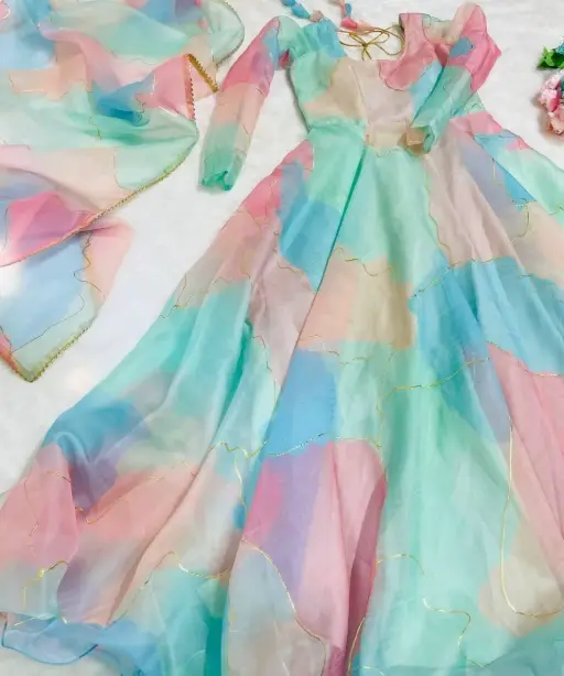 Pastel Shade Multi Color Rainbow Gown with Dupatta