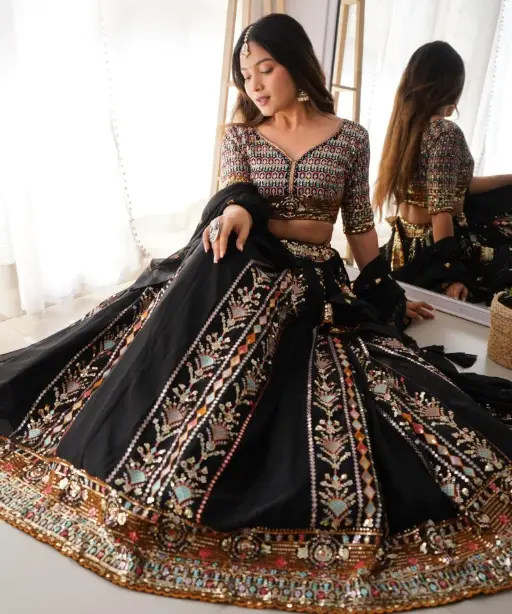 Black Multi Color Embroidery Wedding Lehenga