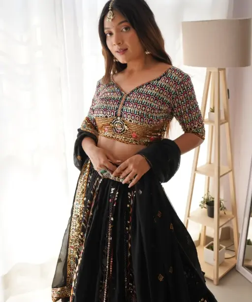 Black Multi Color Embroidery Wedding Lehenga