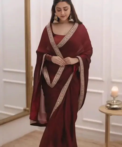 Ready to Wear Marron Wedding Saree with Border