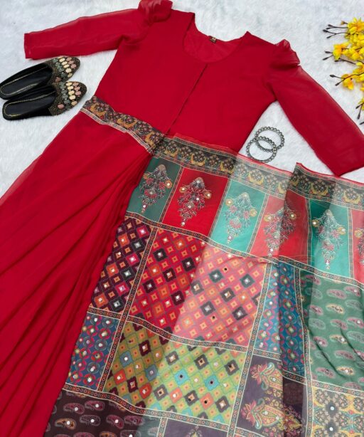 Red Color Zip and Go Saree with Digital Print and Mirror