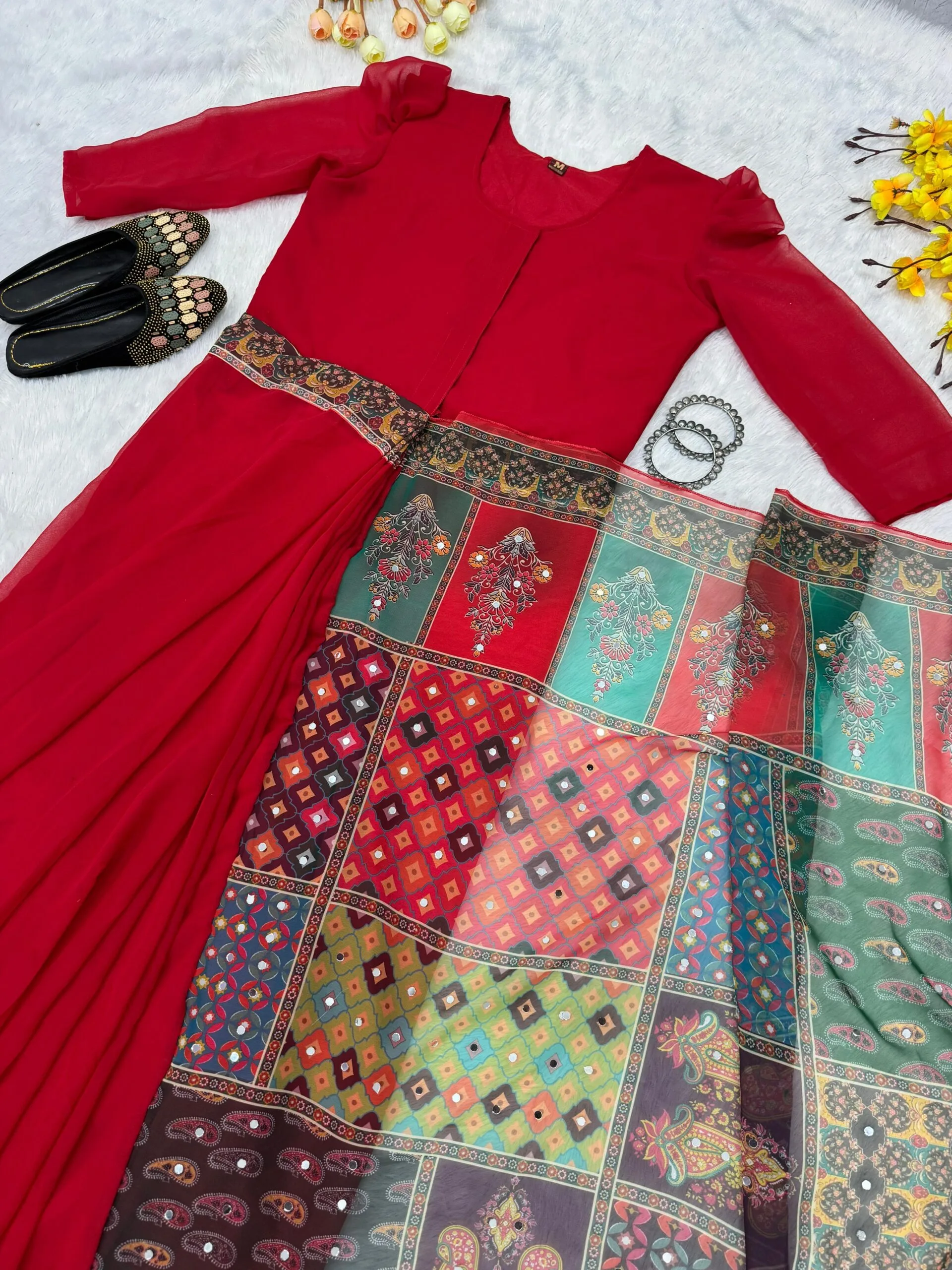 Red Color Zip and Go Saree with Digital Print and Mirror