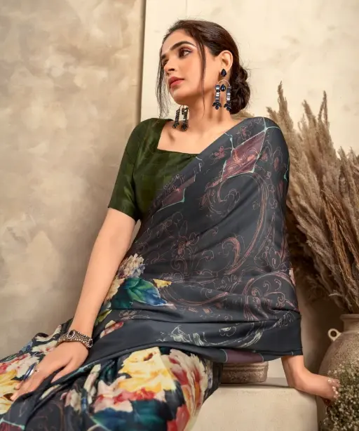 Satin Crepe Printed Winter Wear Saree