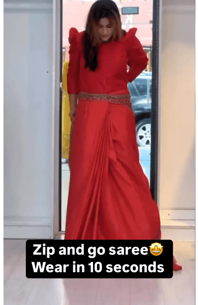Red Color Zip and Go Saree with Digital Print and Mirror