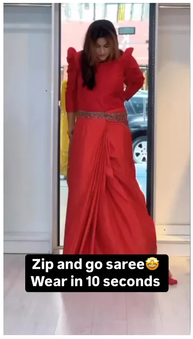 Red Color Zip and Go Saree with Digital Print and Mirror