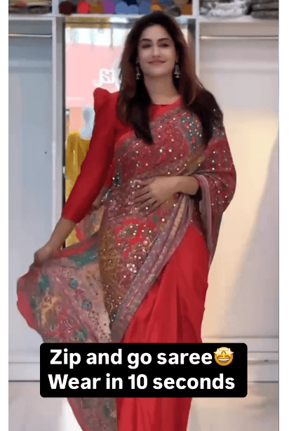 Red Color Zip and Go Saree with Digital Print and Mirror