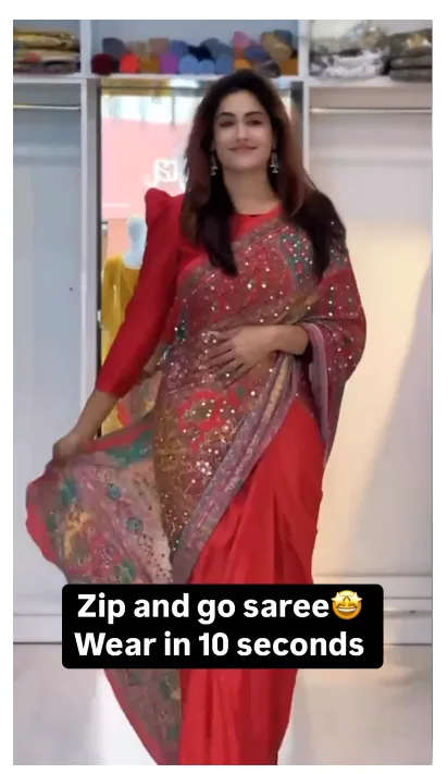 Red Color Zip and Go Saree with Digital Print and Mirror