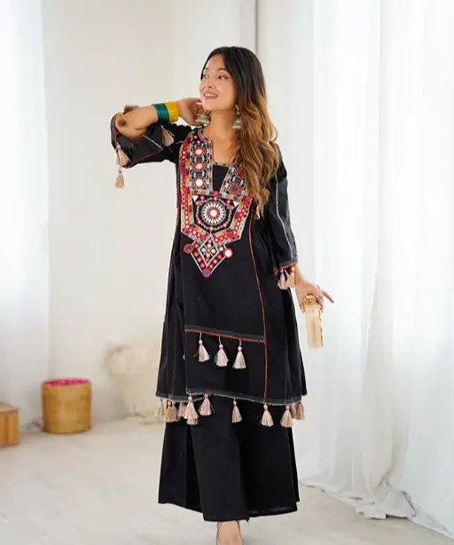 Shop Black Coord set with Multi Color Neck Embroidery