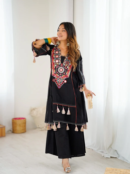 Shop Black Coord set with Multi Color Neck Embroidery