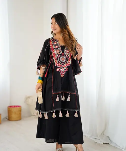 Shop Black Coord set with Multi Color Neck Embroidery