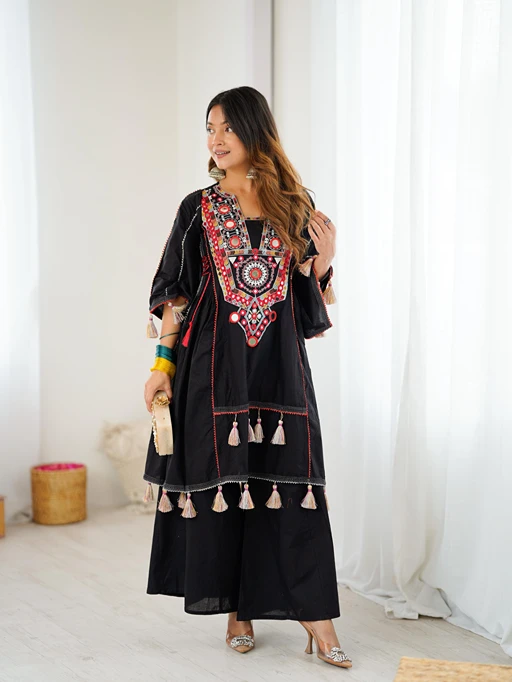 Shop Black Coord set with Multi Color Neck Embroidery