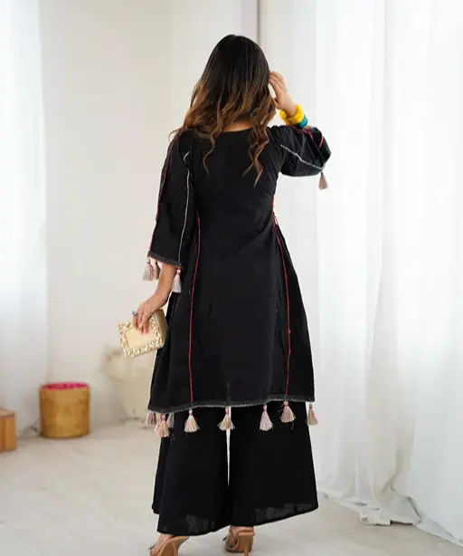 Shop Black Coord set with Multi Color Neck Embroidery