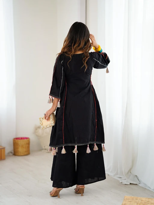 Shop Black Coord set with Multi Color Neck Embroidery