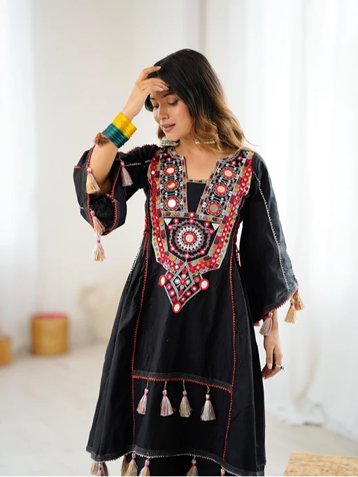 Shop Black Coord set with Multi Color Neck Embroidery