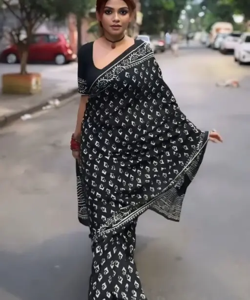 Stylish Black Printed Linen Ready to wear Saree