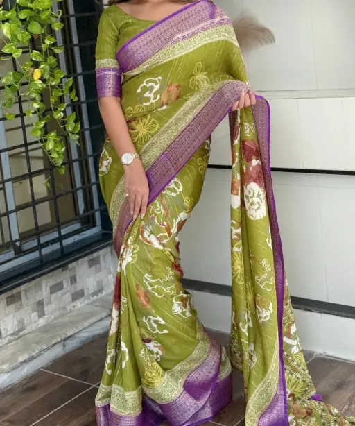 Stylish Printed Jacquard Border Office Saree